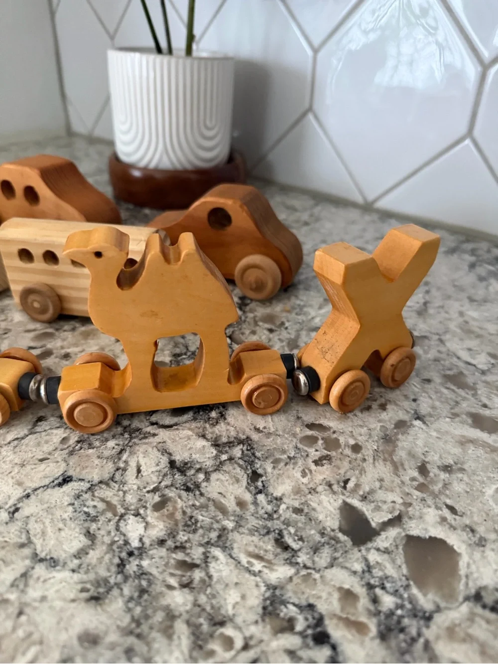Natural Wood Kids Toy Vehicle Set - Wooden Cars & Train